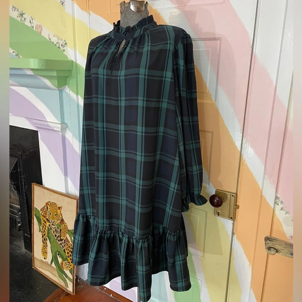 J. Crew Green Black Watch Tartan Plaid Ruffle Puff Sleeve Dress Sz 2X 🧡🎀